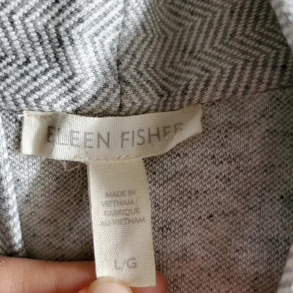 Eileen Fisher Herringbone Organic Cotton Longline Open Front Jacket Cardigan L